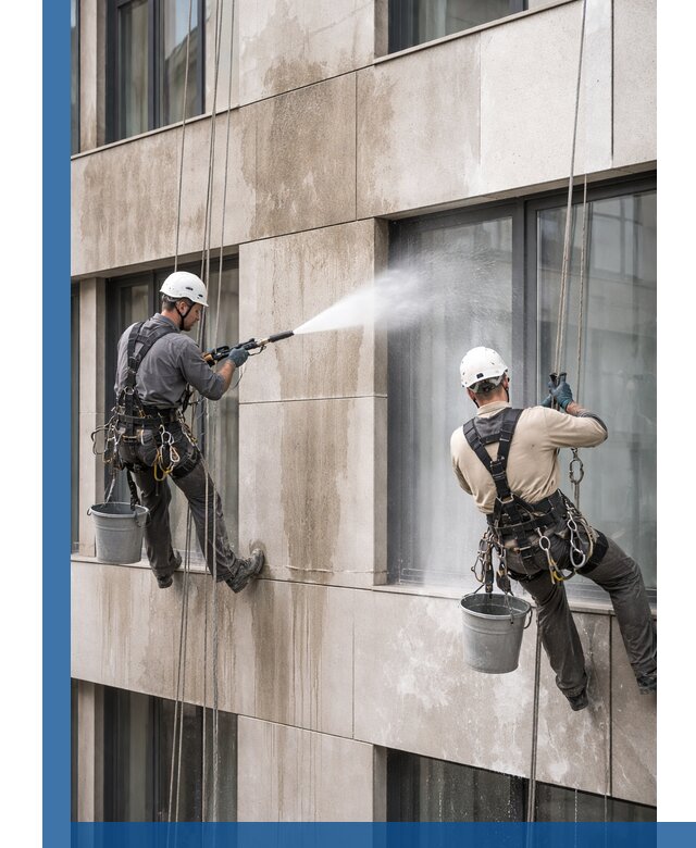 Послестроительная мойка фасада промышленным альпинизмом в Комсомольске-на-Амуре