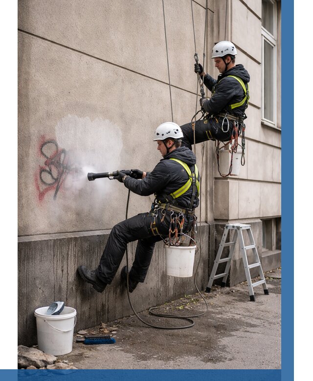 Удаление граффити с фасада в Комсомольске-на-Амуре от 4592 р. | ВЫСОТНИК-Кмс