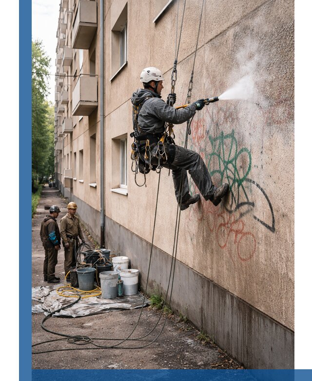 Удаление граффити с фасада в Комсомольске-на-Амуре без следов и повреждений