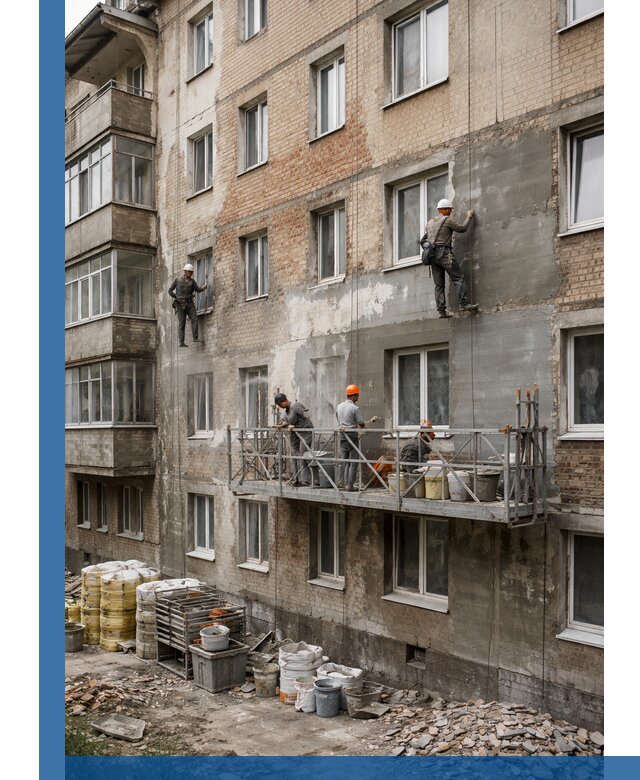 Капитальный ремонт фасада в Комсомольске-на-Амуре с восстановлением и гидроизоляцией