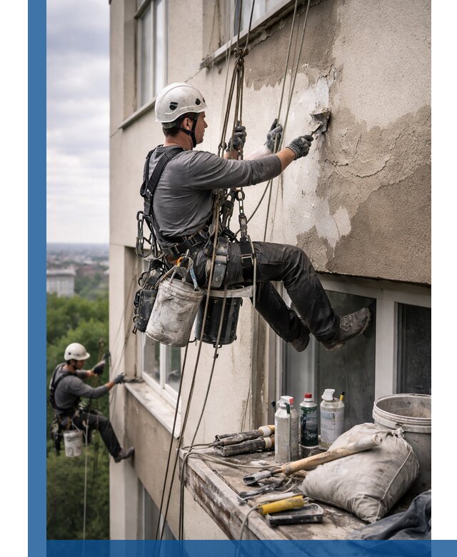Косметический ремонт фасада зданий в Комсомольске-на-Амуре промышленными альпинистами