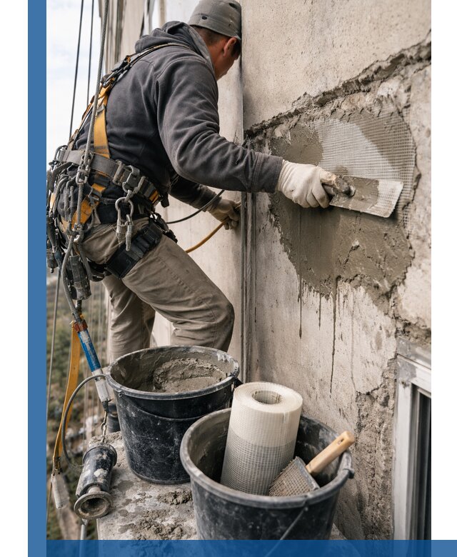 Ремонт бетонных элементов фасада промышленными альпинистами в Комсомольске-на-Амуре