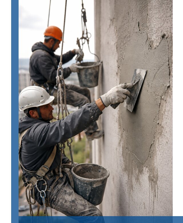 Штукатурка фасада на высоте в Комсомольске-на-Амуре профессиональные работы