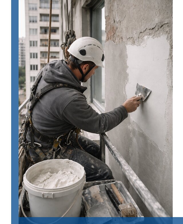 Шпаклевка фасадов на высоте с промальпинистами в Комсомольске-на-Амуре