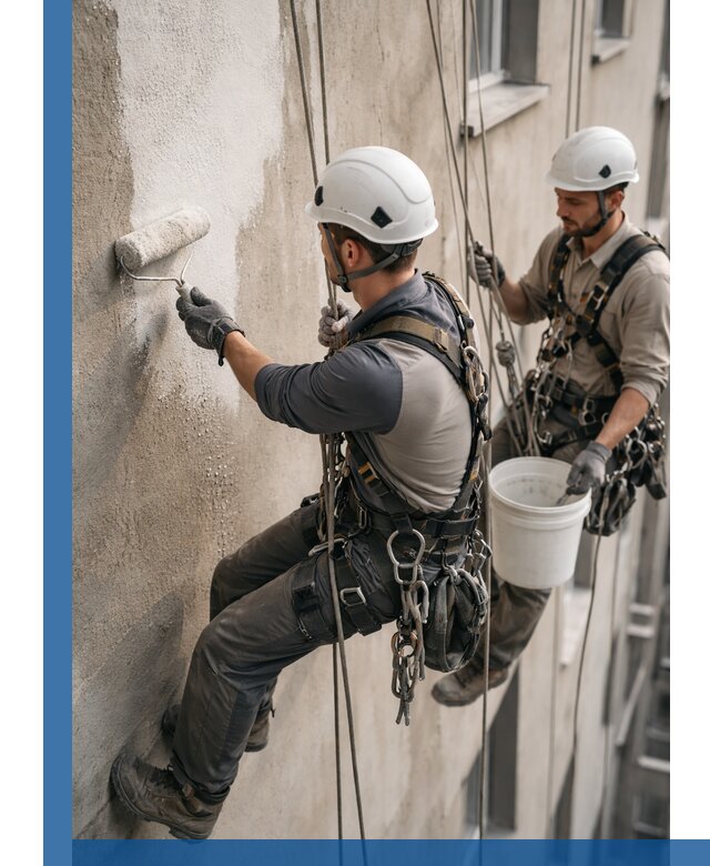 Грунтовка фасада на высоте в Комсомольске-на-Амуре промышленными альпинистами