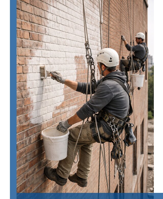 Покраска кирпичного фасада с доступным альпинистским сервисом в Комсомольске-на-Амуре