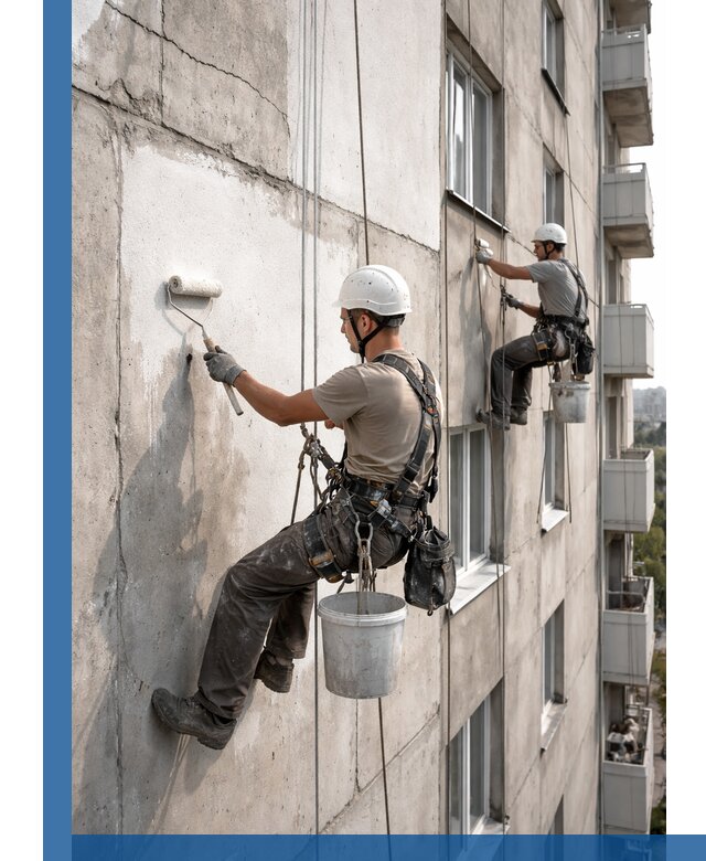 Покраска бетонного фасада в Комсомольске-на-Амуре для жилых и промышленных объектов