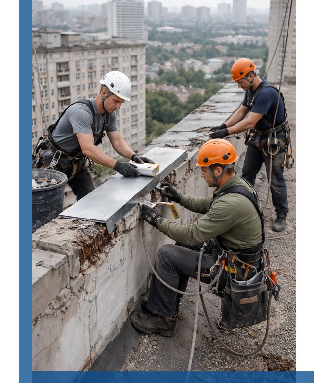 Ремонт парапета на кровле в Комсомольске-на-Амуре, высотные работы с гарантией