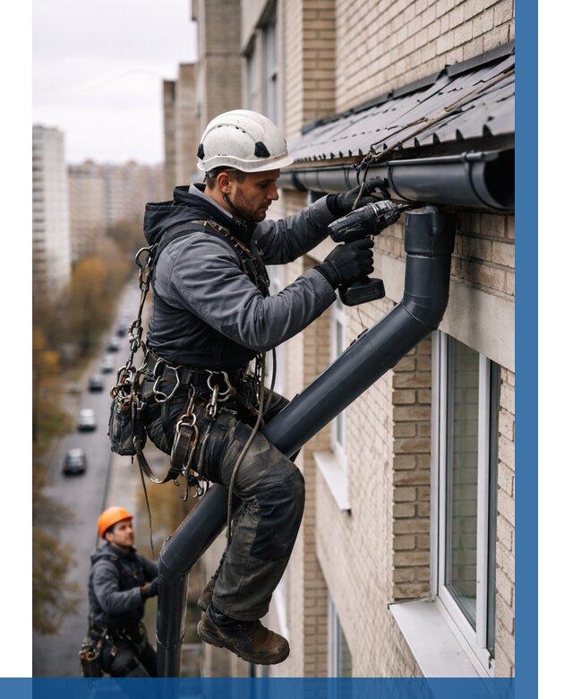 Монтаж водосточной системы на здании в Комсомольске-на-Амуре от 5102 р. | ВЫСОТНИК-Кмс