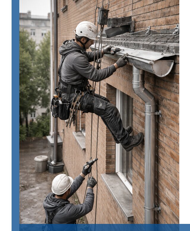 Монтаж водосточной системы на здании в Комсомольске-на-Амуре под ключ