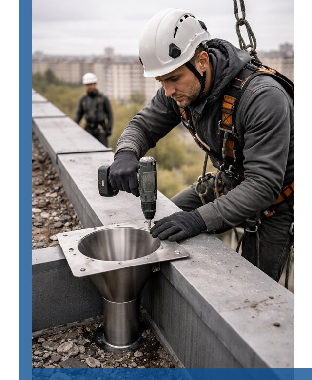 Монтаж водосточных воронок в Комсомольске-на-Амуре для промышленных зданий