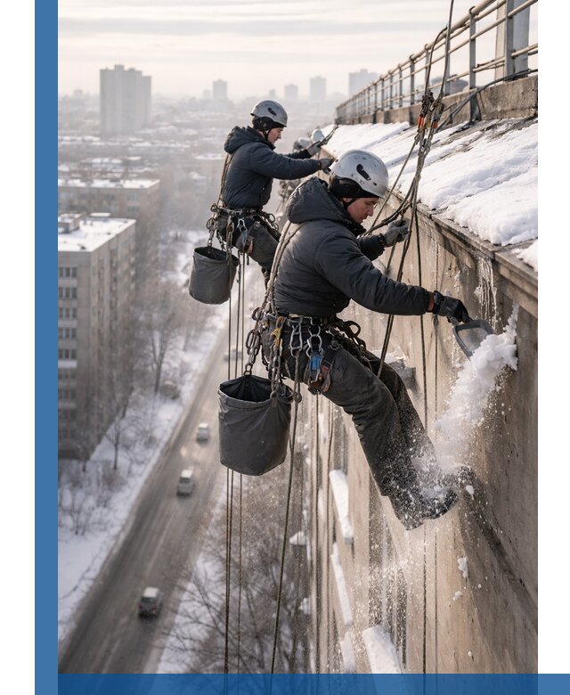 Очистка карнизов от снега в Комсомольске-на-Амуре профессионально и безопасно