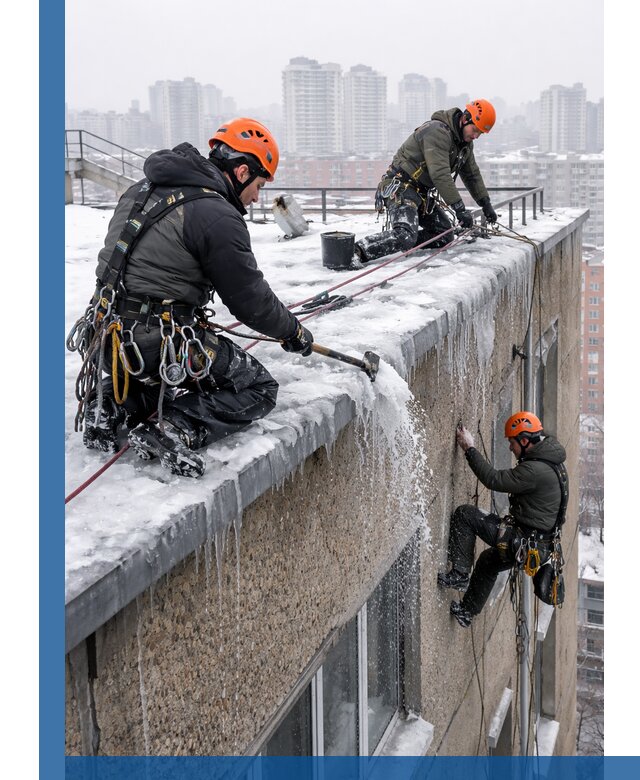 Удаление наледи с кровли в Комсомольске-на-Амуре промышленными альпинистами