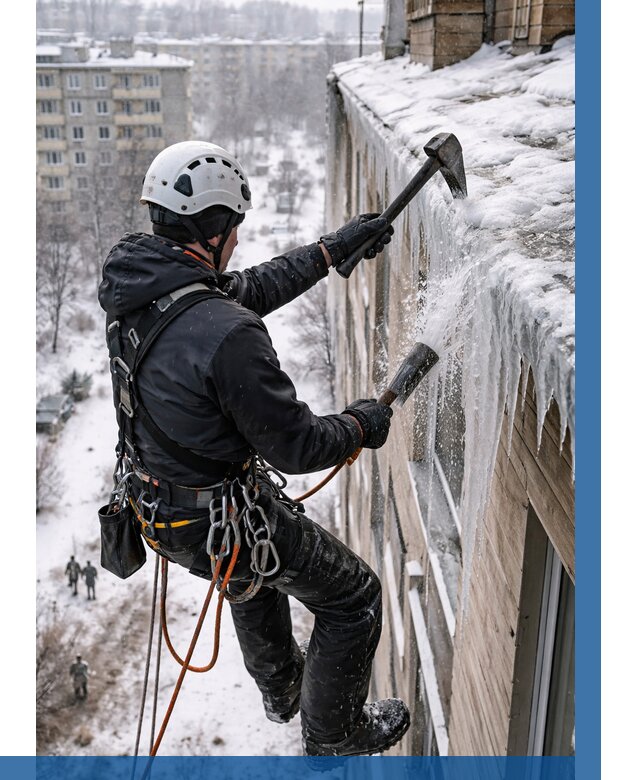 Сбивание сосулек с крыши в Комсомольске-на-Амуре по цене от 4592 р. | ВЫСОТНИК-Кмс