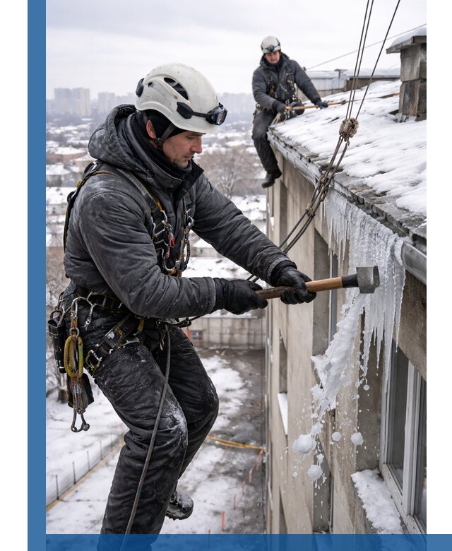 Сбивание и удаление сосулек с крыши в Комсомольске-на-Амуре безопасно
