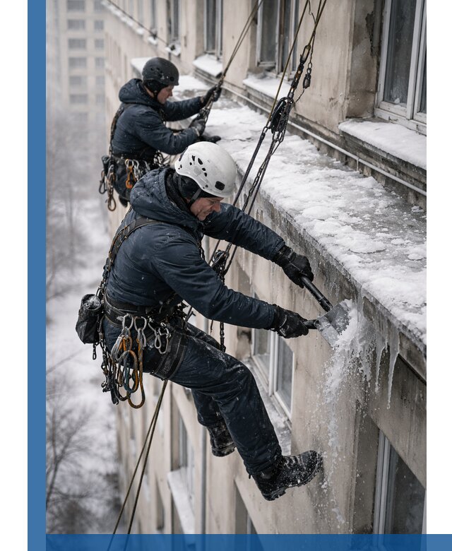 Удаление наледи и сосулек с карнизов в Комсомольске-на-Амуре профессионально
