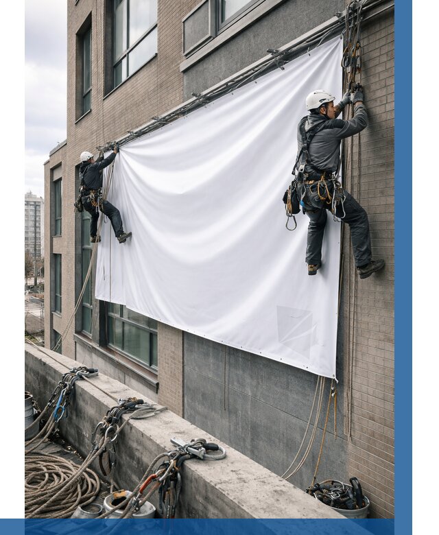 Монтаж баннеров на фасаде в Комсомольске-на-Амуре от 663 р. заказать ВЫСОТНИК-Кмс