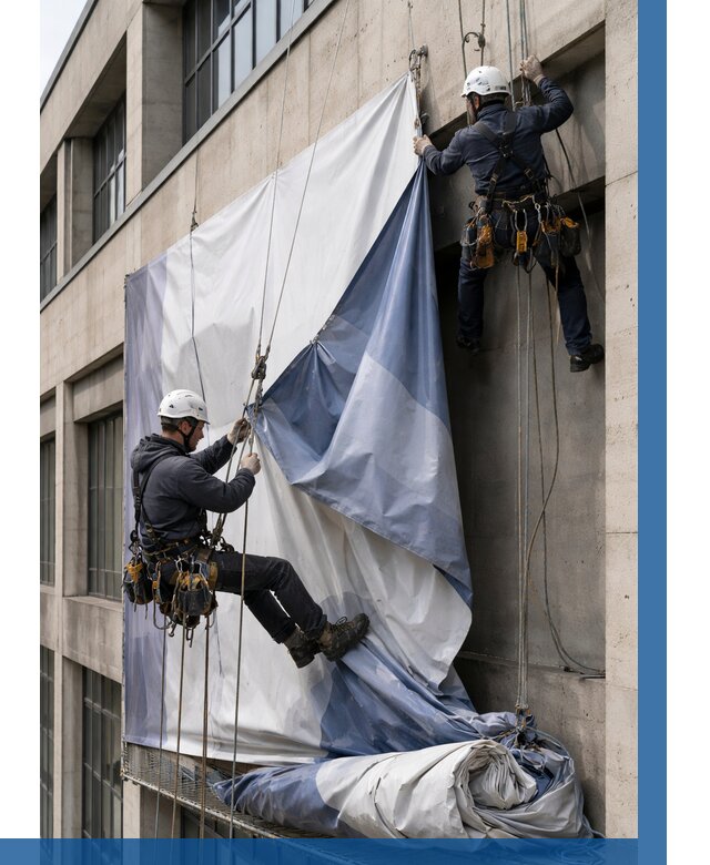 Демонтаж баннеров с фасада в Комсомольске-на-Амуре от 4592 р. | ВЫСОТНИК-Кмс