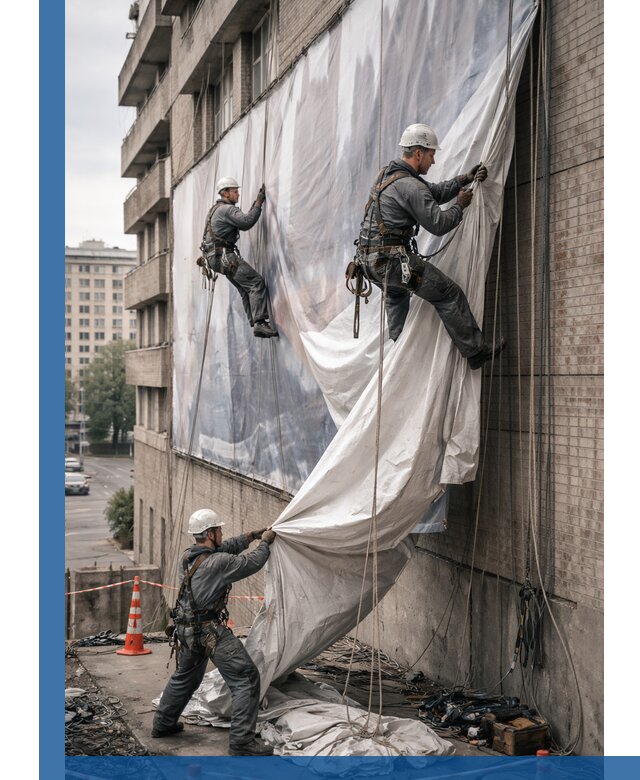 Демонтаж баннеров с фасада в Комсомольске-на-Амуре оперативно и безопасно