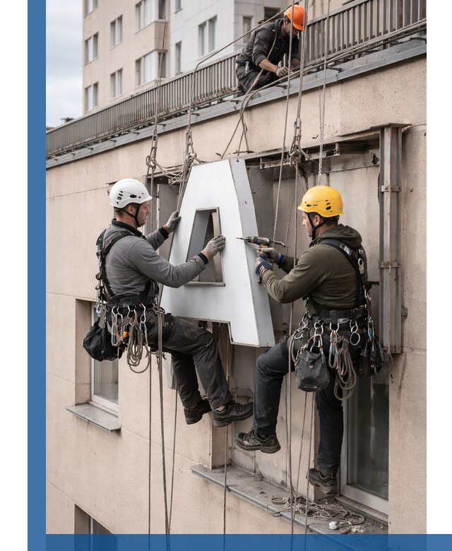 Ремонт и восстановление наружных вывесок на высоте в Комсомольске-на-Амуре