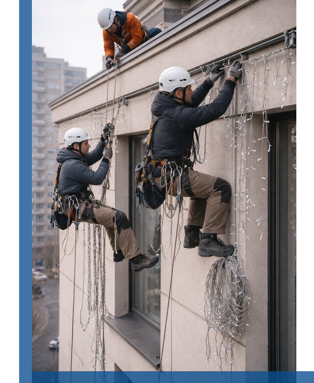 Монтаж праздничных гирлянд на фасаде в Комсомольске-на-Амуре для зданий