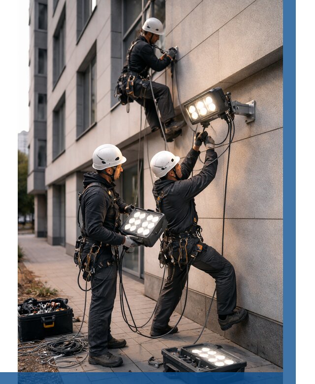 Монтаж прожекторов на фасаде в Комсомольске-на-Амуре от 7653 р. | ВЫСОТНИК-Кмс