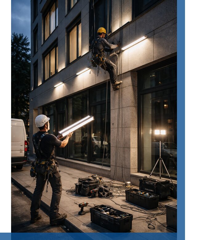 Монтаж архитектурной подсветки здания в Комсомольске-на-Амуре от 2551 р.|ВЫСОТНИК-Кмс