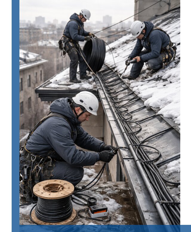 Монтаж греющего кабеля на кровле в Комсомольске-на-Амуре под ключ