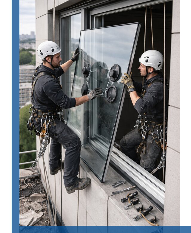 Замена стеклопакетов на высоте с промышленными альпинистами в Комсомольске-на-Амуре