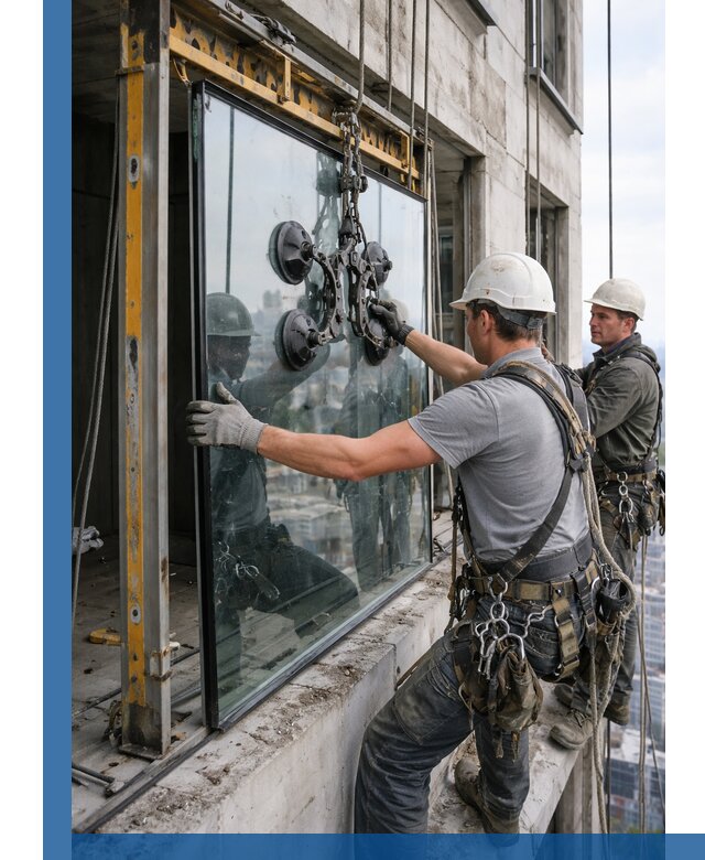 Монтаж стеклопакетов на высоте в Комсомольске-на-Амуре с промышленным альпинизмом