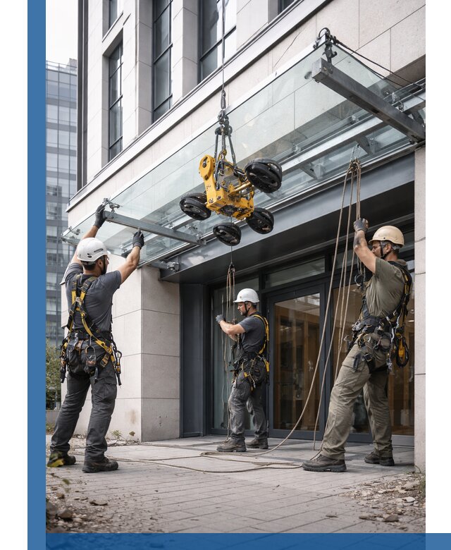 Монтаж стеклянных козырьков под ключ в Комсомольске-на-Амуре для зданий