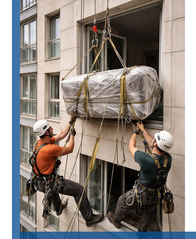 Подъем грузов через окно в Комсомольске-на-Амуре промышленными альпинистами