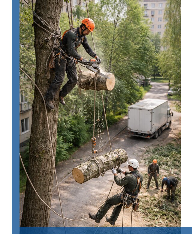 Спил деревьев альпинистами в Комсомольске-на-Амуре, безопасно и без повреждений