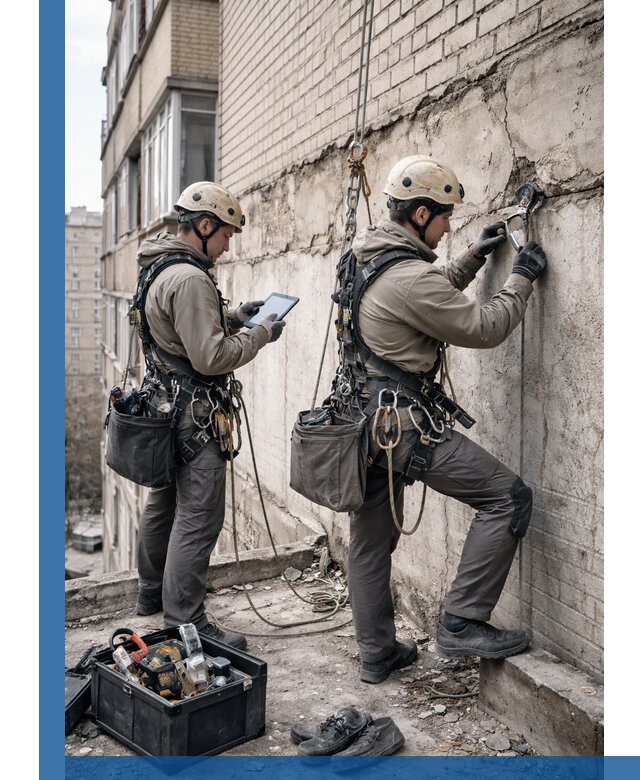 Обследование фасада промышленными альпинистами в Комсомольске-на-Амуре